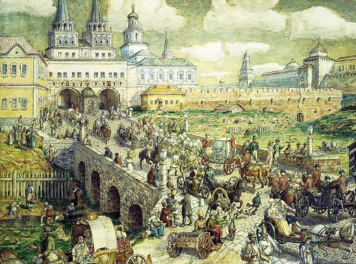 Уличное движение на Воскресенском мосту в XVIII веке.